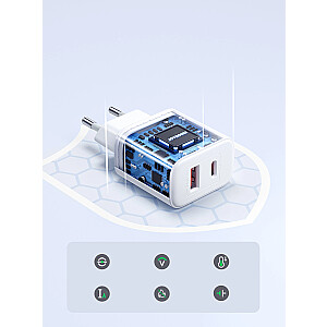 Joyroom JR-TCF05 20W USB-C | USB-A greitas dviejų prievadų sieninis įkroviklis - baltas + USB-C - žaibas 1 m