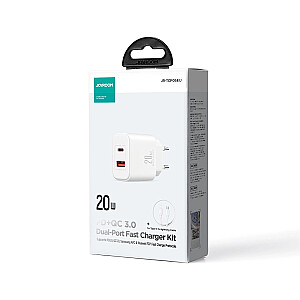 Joyroom JR-TCF05 20W USB-C | USB-A greitas dviejų prievadų sieninis įkroviklis - baltas + USB-C - žaibas 1 m