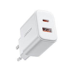 Joyroom JR-TCF05 20W USB-C | USB-A greitas dviejų prievadų sieninis įkroviklis - baltas + USB-C - žaibas 1 m