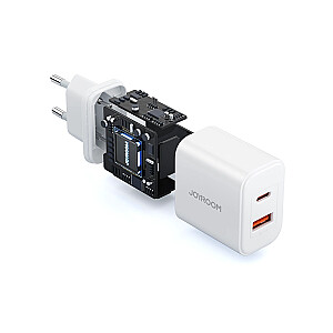 Joyroom JR-TCF05 20W USB-C | USB-A greitas dviejų prievadų sieninis įkroviklis - baltas + USB-C - žaibas 1 m