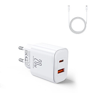 Joyroom JR-TCF05 20W USB-C | USB-A greitas dviejų prievadų sieninis įkroviklis - baltas + USB-C - žaibas 1 m