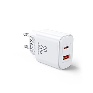 Joyroom JR-TCF05 20W USB-C | USB-A greitas dviejų prievadų sieninis įkroviklis - baltas + USB-C - žaibas 1 m