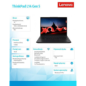 Ноутбук ThinkPad L14 G5 21L10031PB W11Pro Ultra 7 155U/16 ГБ/1 ТБ/INT/14.0 FHD/черный/3 года ОС + 1 год поддержки Premier + компенсация выбросов CO2 