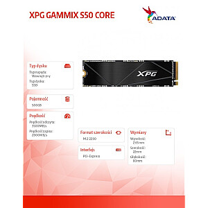 Dysk SSD XPG GAMMIX S50 CORE 500G PCIe 4x4 3.5/2.2 M2 