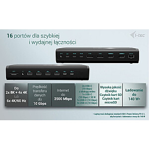 i-tec Universal 6 док-станций с дисплеем 4K/60 Гц 2xDP 2xHDMI 2xVideo USB-C LAN 2,5 Гбит/с Устройство чтения аудиокарт 8x USB Power Delivery 140 Вт — док-станция