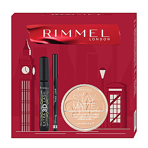 RIMMEL SET London Extra 3D Mascara tusz do rzęs + Stay Matte Powder matowy puder do twarzy + Soft Kohl Pencil kredka do oczu