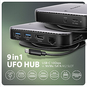 HMC-UFO Беспроводной концентратор 9 в 1 USB-C 3.2 Gen 2 10 Гбит/с HDMI M.2 NVMe/SATA аудио PD100W microSD LAN