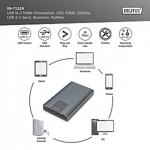 Корпус/станция клонирования USB 3.1 Type C для твердотельных накопителей M.2 NVMe 20 Гбит/с, алюминий, без инструментов