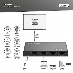 4K HDMI-переключатель 3x1, 60 Гц HDCP 2.3, пульт дистанционного управления, черный