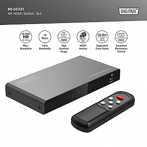 Przełącznik/Switch 4K HDMI 3x1, 60Hz HDCP 2.3, pilot, Czarny