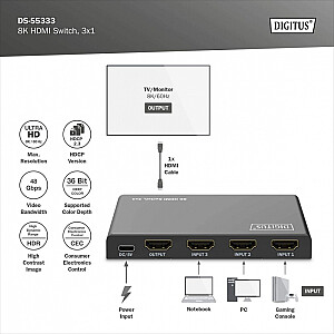 Przełącznik/Switch 8K HDMI 3x1, 60Hz (4:4:4), HDR, HDCP 2.3, pilot, Czarny