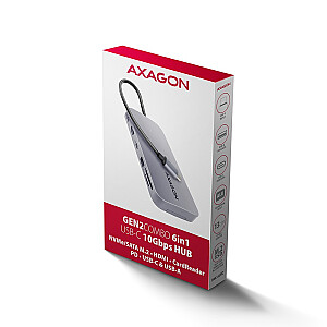 Kelių prievadų šakotuvas AXAGON HMC-6GM2, USB-C 3.1, M.2-NVMe/SATA, HDMI, Gbit-LAN, 1x USB-A, 1x USB-C, CR