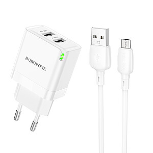 Borofone Sieninis įkroviklis BN15 Strong - 2xUSB - 2,1A su USB į Micro USB laidu baltas