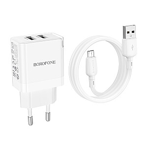 Borofone Sieninis įkroviklis BN15 Strong - 2xUSB - 2,1A su USB į Micro USB laidu baltas