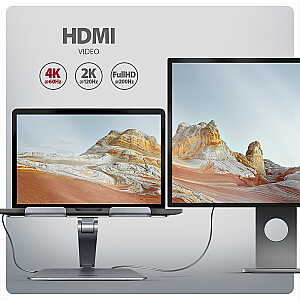 HMC-STND Stojak z wieloportowy hub Aluminiowy 7in1, 5Gbps, do 10"-16" cali laptopów, nastawny, 3x USB-A, HDMI 4K/60Hz, GLAN, PD 100W, 60cm USB-C kabel