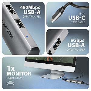 HMC-H3A Беспроводной концентратор USB 4в1, 5 Гбит/с, 3x USB-A (2x USB2.0, 1x USB3.0) + HDMI 4K/30 Гц, металл, кабель USB-C 15 см