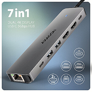 HMC-7HX2 Беспроводной концентратор USB 7в1, 5 Гбит/с, 2x USB-A, 1x USB-C, 2x HDMI 4K/60 Гц, GLAN, PD 100 Вт, 15 см кабель USB-C