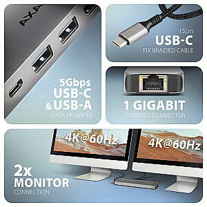 HMC-7HX2 Беспроводной концентратор USB 7в1, 5 Гбит/с, 2x USB-A, 1x USB-C, 2x HDMI 4K/60 Гц, GLAN, PD 100 Вт, 15 см кабель USB-C