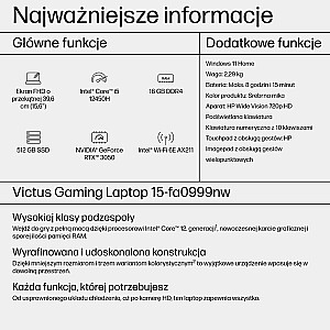 HP Victus 15-fa0989nw - Core i5-12450H | 15,6"-144 Гц | 16 ГБ | 512 ГБ | Win11Home | RTX3050 | Серебряный