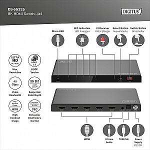 Przełącznik / Switch HDMI 4x1, 8K/60Hz (4:4:4) z HDR, 48 Gbps, HDCP 2.3, Toslink / Stereo, EDID