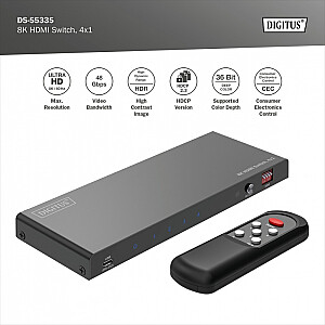 Przełącznik / Switch HDMI 4x1, 8K/60Hz (4:4:4) z HDR, 48 Gbps, HDCP 2.3, Toslink / Stereo, EDID