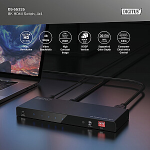 Przełącznik / Switch HDMI 4x1, 8K/60Hz (4:4:4) z HDR, 48 Gbps, HDCP 2.3, Toslink / Stereo, EDID