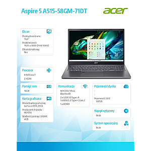 Ноутбук Aspire 5 A515-58GM-71DT i7-13620H/15.6 FHD/16 ГБ/512 ГБ/GeForce RTX 2050/NoOS