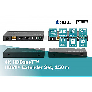 Przedłużacz / Extender HDMI HDBaseT 150m kat.5e/6/74K 60Hz PoC (Power over Cable) IR audio (zestaw)