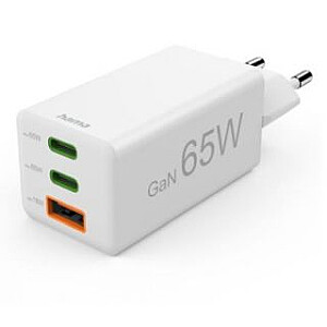 Настенное зарядное устройство Hama mini GaN 65W PD/QC, 2x USB-C, 1x USB-A, белый