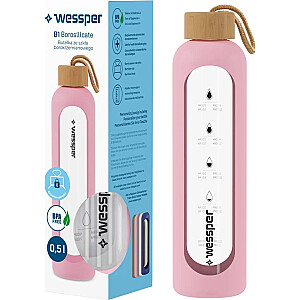 Бутылка для воды Wessper Wessper B1 из боросиликатного стекла объемом 500 мл с мотивирующим мерным стаканом и розовым футляром