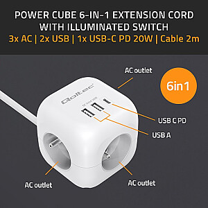 Удлинитель 6-в-1 с выключателем с подсветкой | 3x кондиционера | 2xUSB | 1x USB-C PD 20 Вт | белый | 2-метровый кабель 