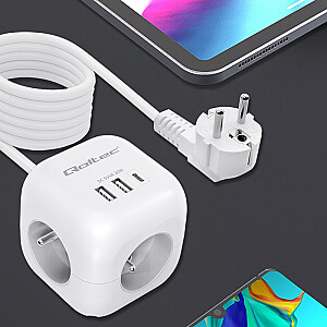 Удлинитель 6-в-1 с выключателем с подсветкой | 3x кондиционера | 2xUSB | 1x USB-C PD 20 Вт | белый | 2-метровый кабель 