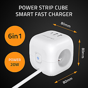 Удлинитель 6-в-1 с выключателем с подсветкой | 3x кондиционера | 2xUSB | 1x USB-C PD 20 Вт | белый | 2-метровый кабель 