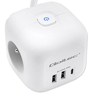 Удлинитель 6-в-1 с выключателем с подсветкой | 3x кондиционера | 2xUSB | 1x USB-C PD 20 Вт | белый | 2-метровый кабель 