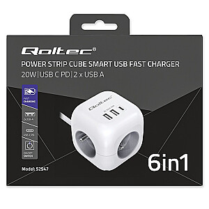 Удлинитель 6-в-1 с выключателем с подсветкой | 3x кондиционера | 2xUSB | 1x USB-C PD 20 Вт | белый | 2-метровый кабель 