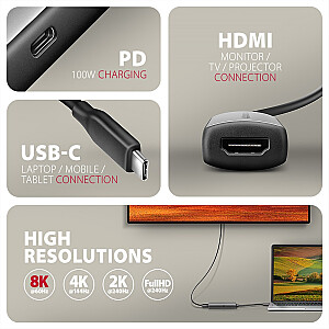 RVC-HI8KPD Активный адаптер USB-C -> HDMI 8K/60 Гц, алюминий, PD100W, кабель 16 см