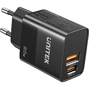 „Unitek“ įkroviklis „Unitek“ sieninis įkroviklis, 1x USB-A, 1x USB-C, QC, PC 3.0, 20 W, juodas