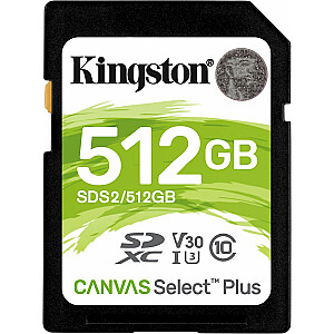 512 GB „Kingston Canvas Select Plus“ SDXC 10 klasės UHS-I / U3 V30 kortelė (SDS2 / 512 GB)